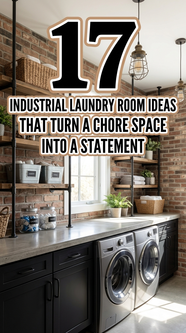 Industrial laundry room with black cabinets and rustic shelving ideas