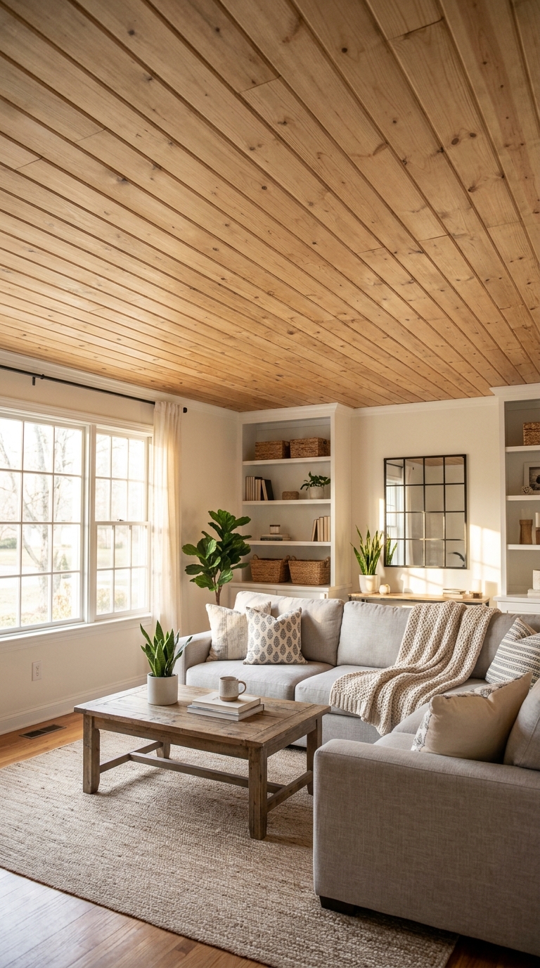 Living room with an inexpensive wood plank ceiling upgrade