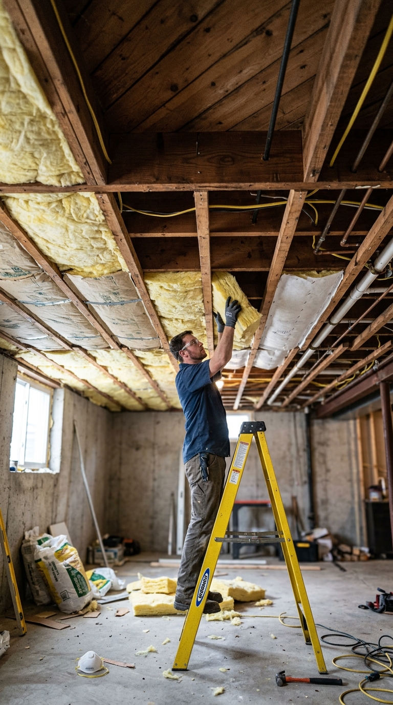 Insulation installed between basement ceiling joists for sound control