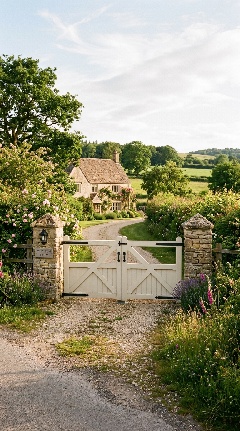 Ivory-painted farmhouse-style driveway gate