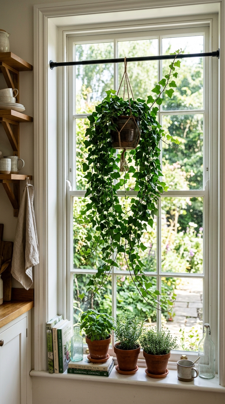 Trailing ivy hanging from a tension rod like a curtain in a kitchen window.