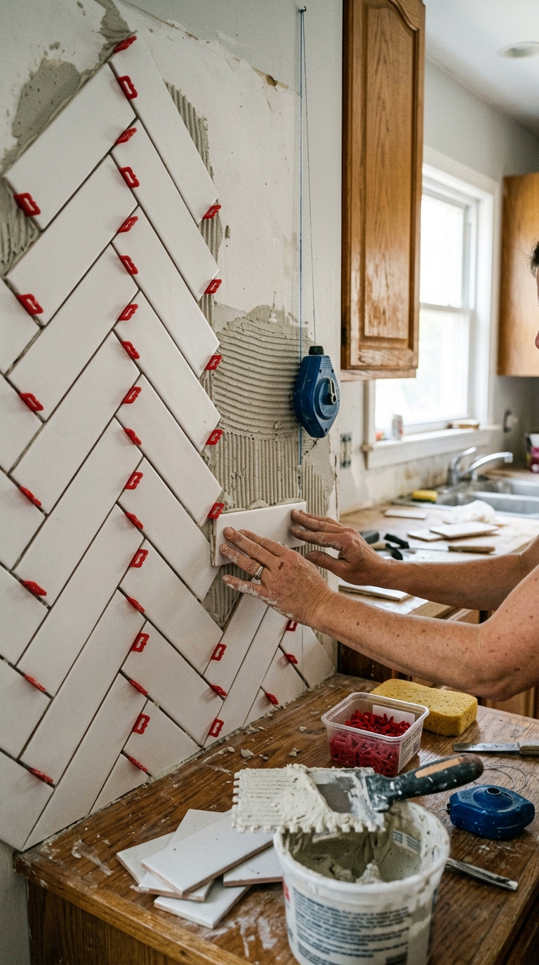 DIY herringbone backsplash installation in progress with tile spacers