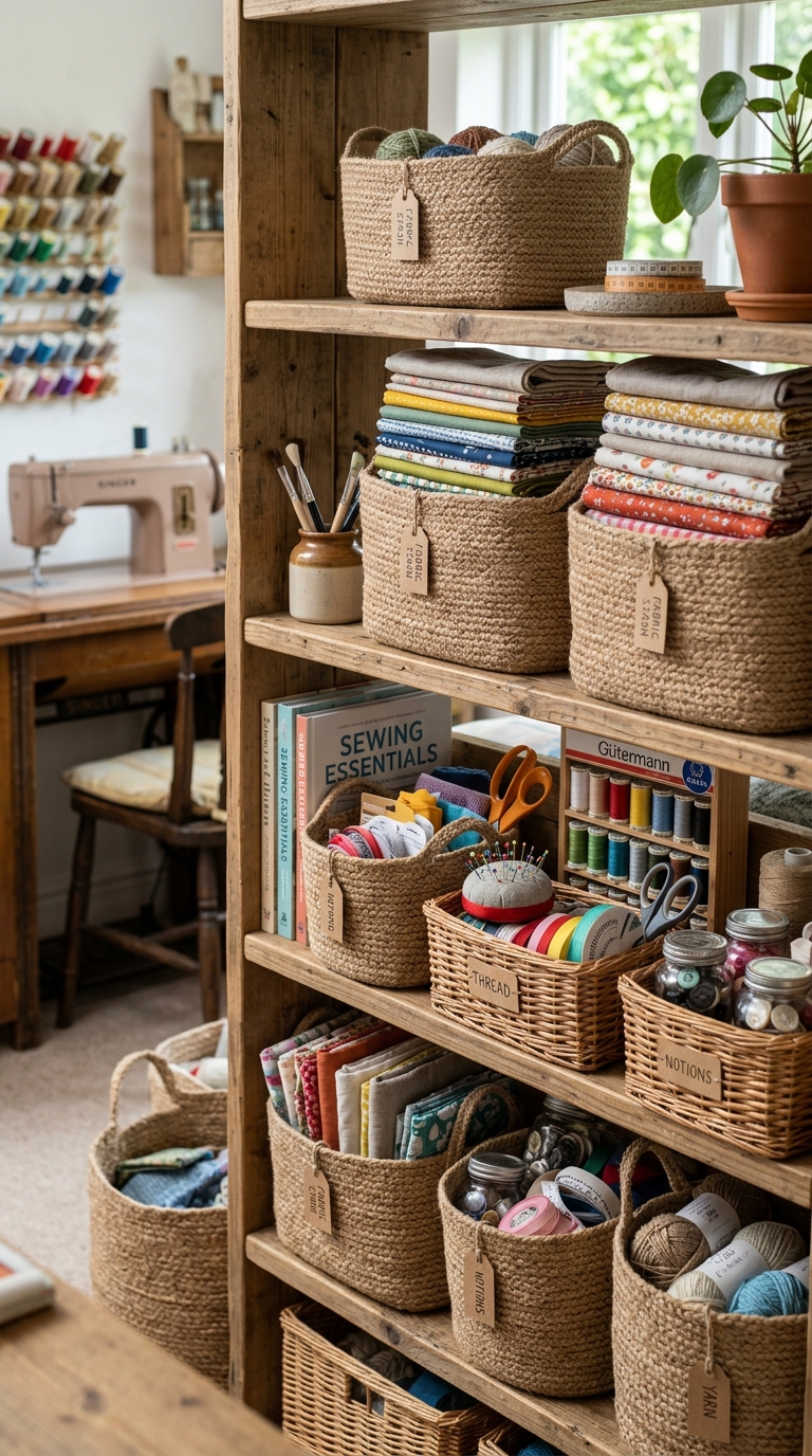 Jute and rattan woven baskets for textured sewing room storage