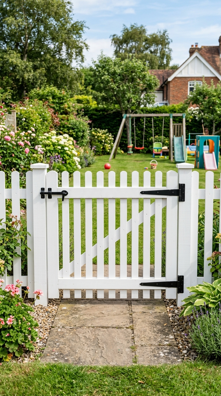 Kid and pet-safe garden gate idea with narrow pickets and high latch