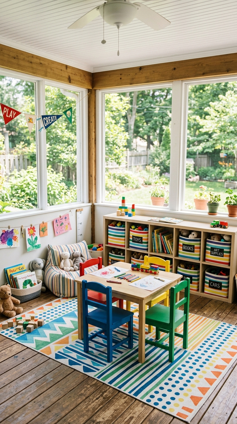 Enclosed porch kids play zone idea with storage bins and washable rug