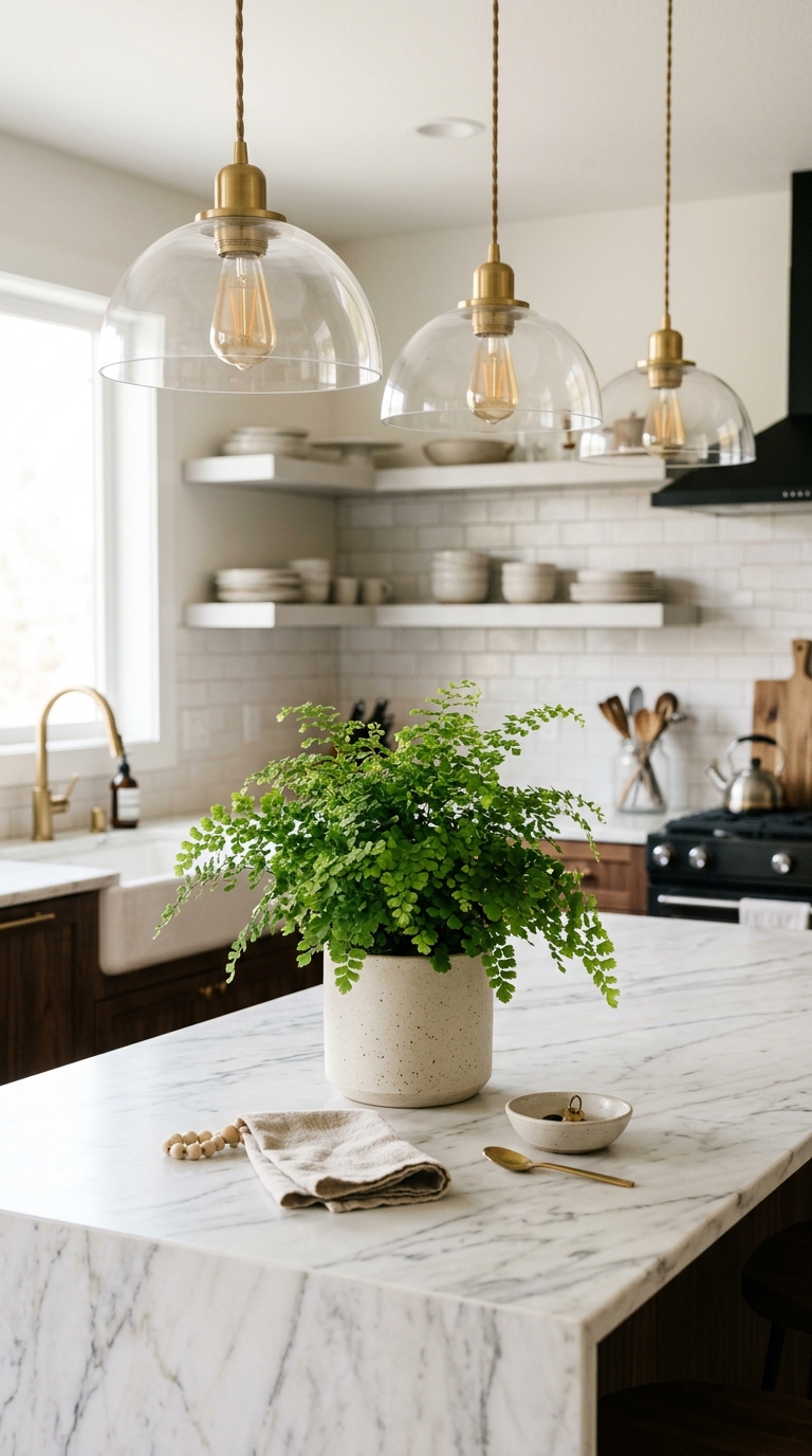 Potted plant styled as a centerpiece on a kitchen island