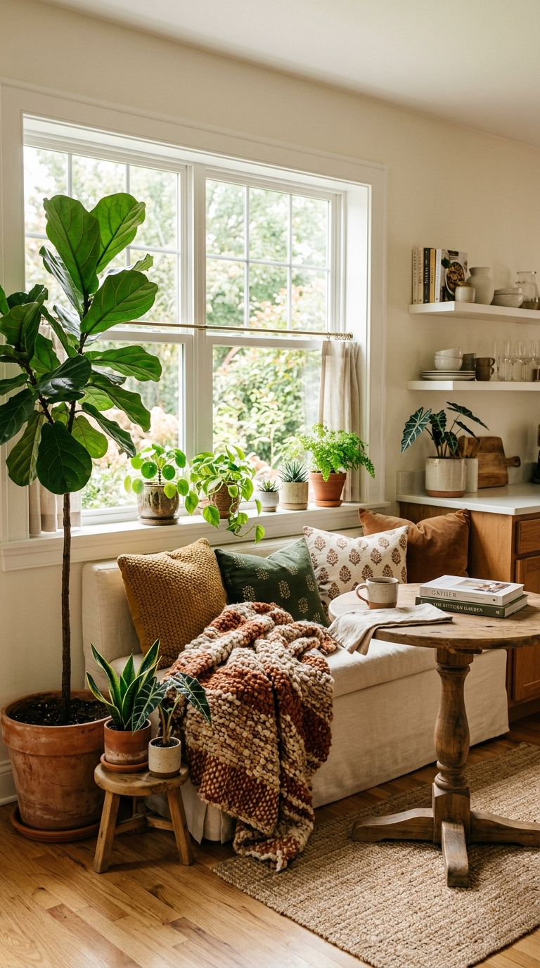 Kitchen nook styled with layered greenery and cozy seating