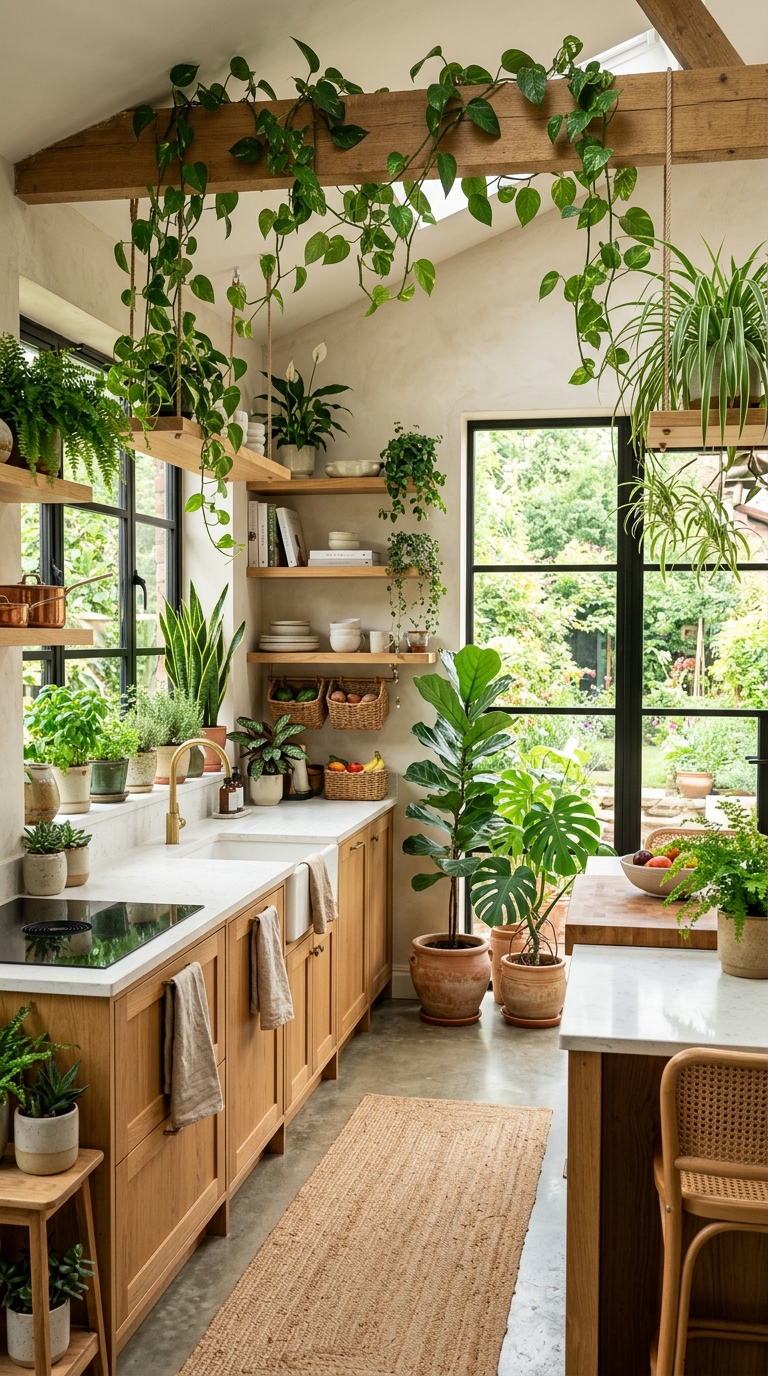 22 Kitchen Plant Decor Ideas featuring a modern kitchen filled with lush indoor plants, hanging greenery, herbs, and stylish botanical decor.