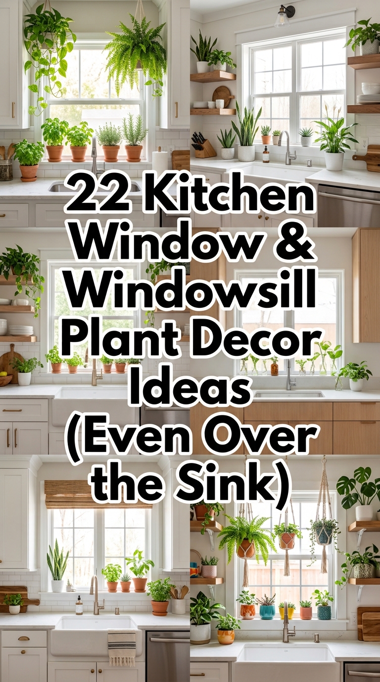 Feature collage of kitchen window and windowsill plant decor ideas with over-the-sink greenery