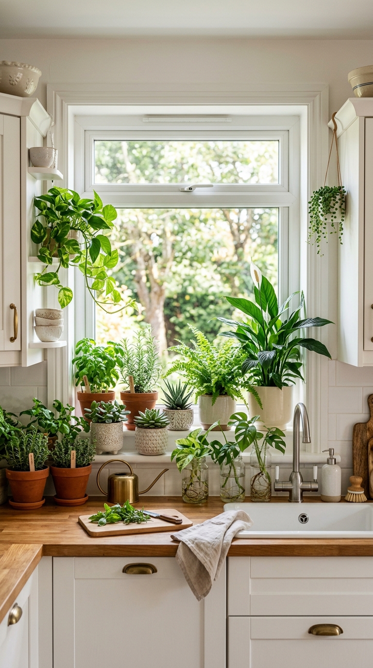 Bright kitchen with an over-the-sink window decorated with lush indoor plants and herbs