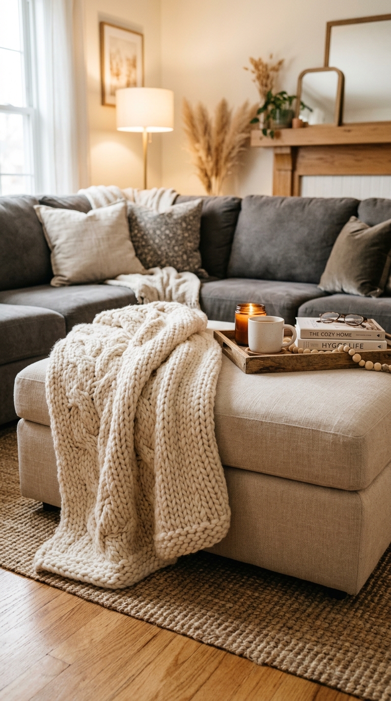 Chunky knit throw draped over an ottoman coffee table for a cozy look