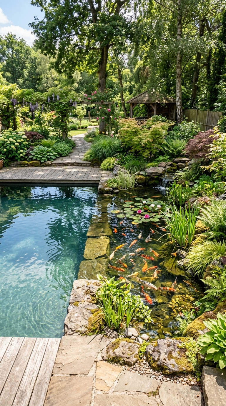 Natural swimming pool combined with a koi pond zone separated by stone edging