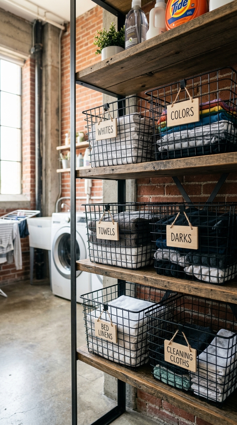 Labeled wire basket sorting idea for industrial laundry room