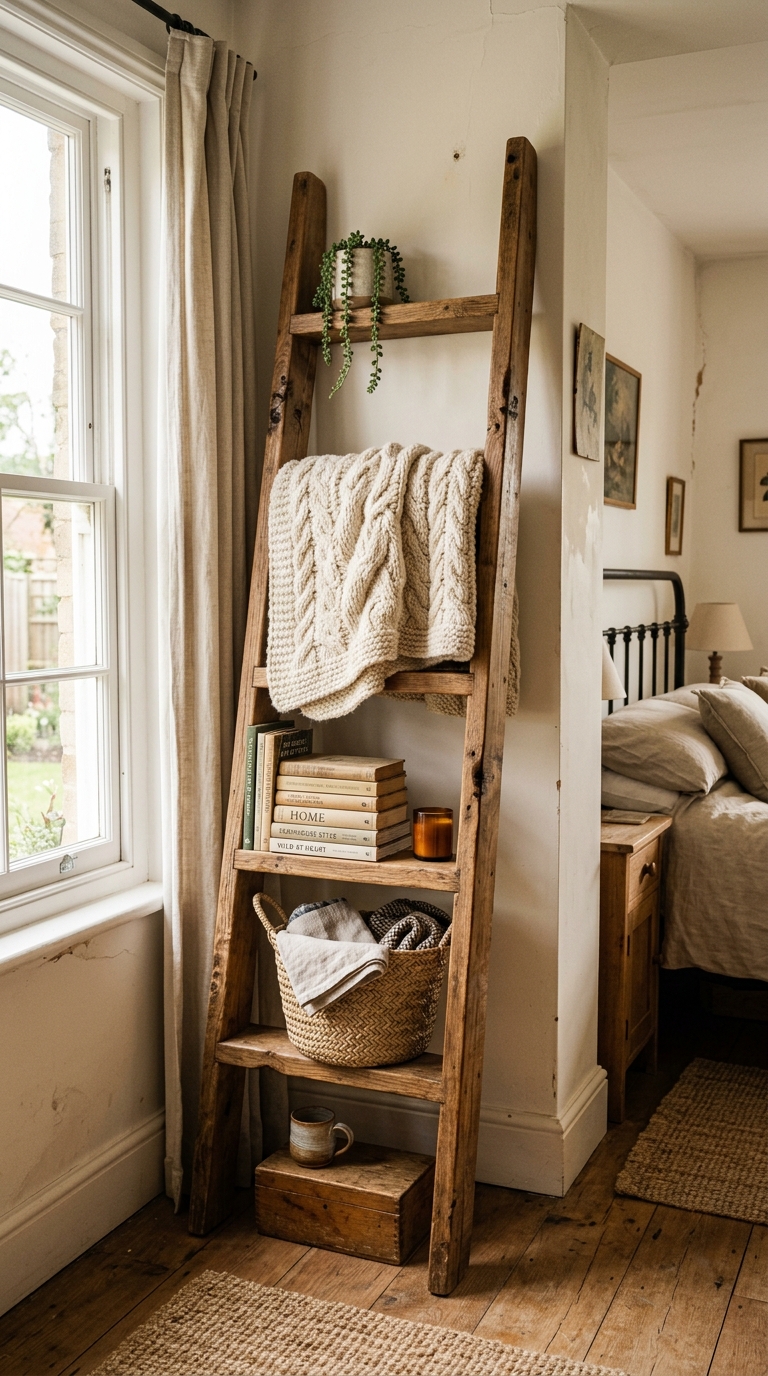 Wooden ladder shelf styled with blankets in a farmhouse bedroom