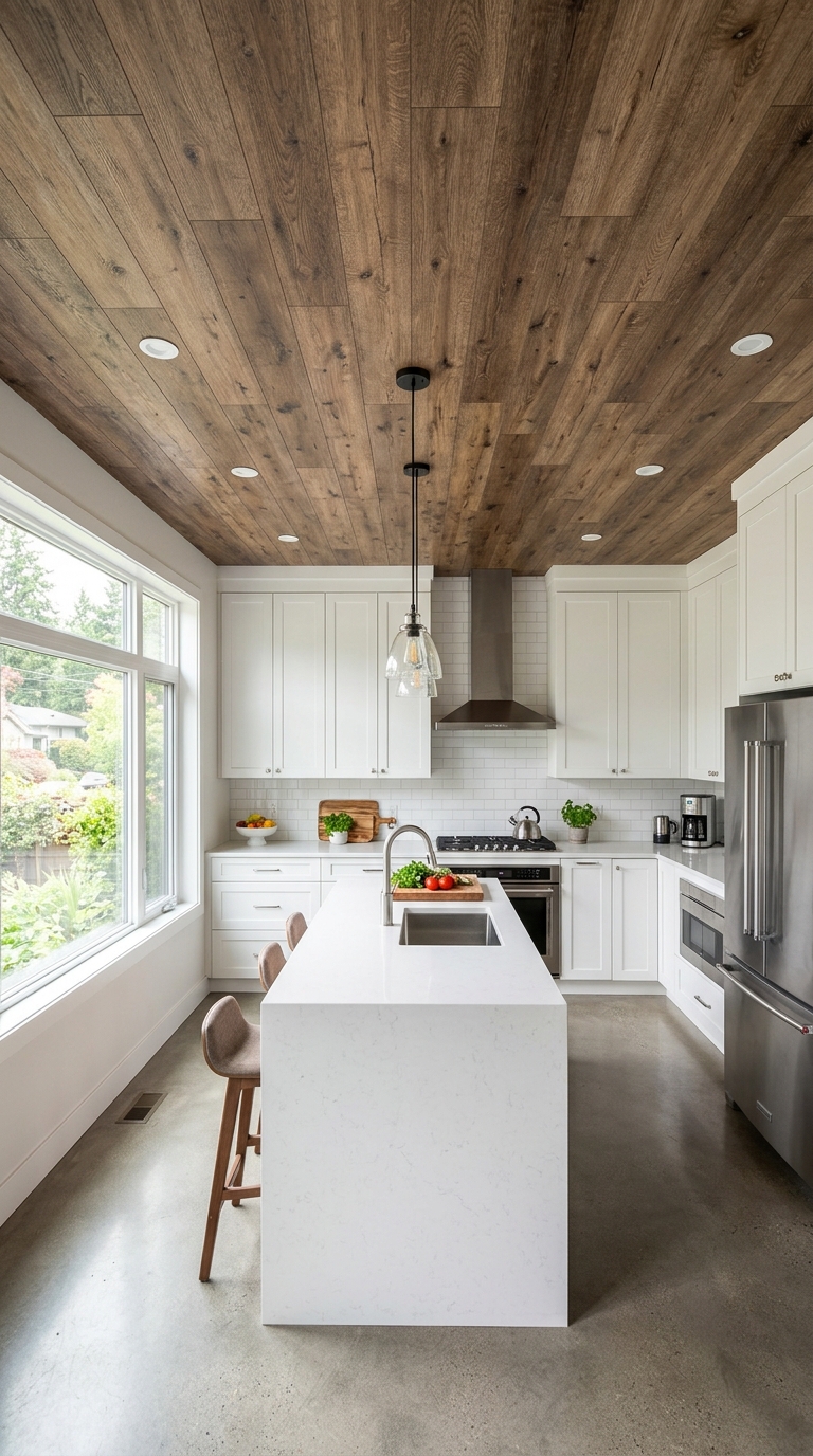 Wood-look laminate flooring installed on kitchen ceiling