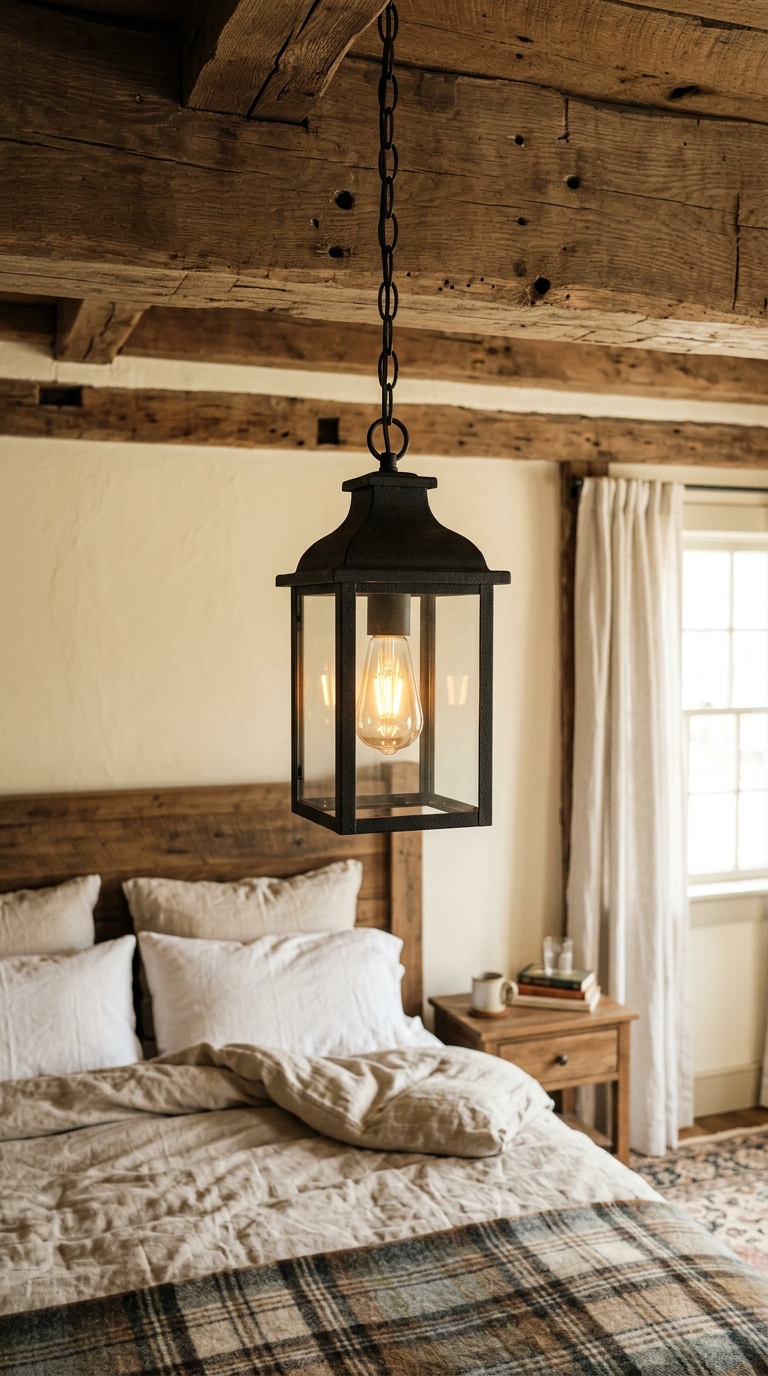 Farmhouse-style lantern light fixture in a cozy bedroom