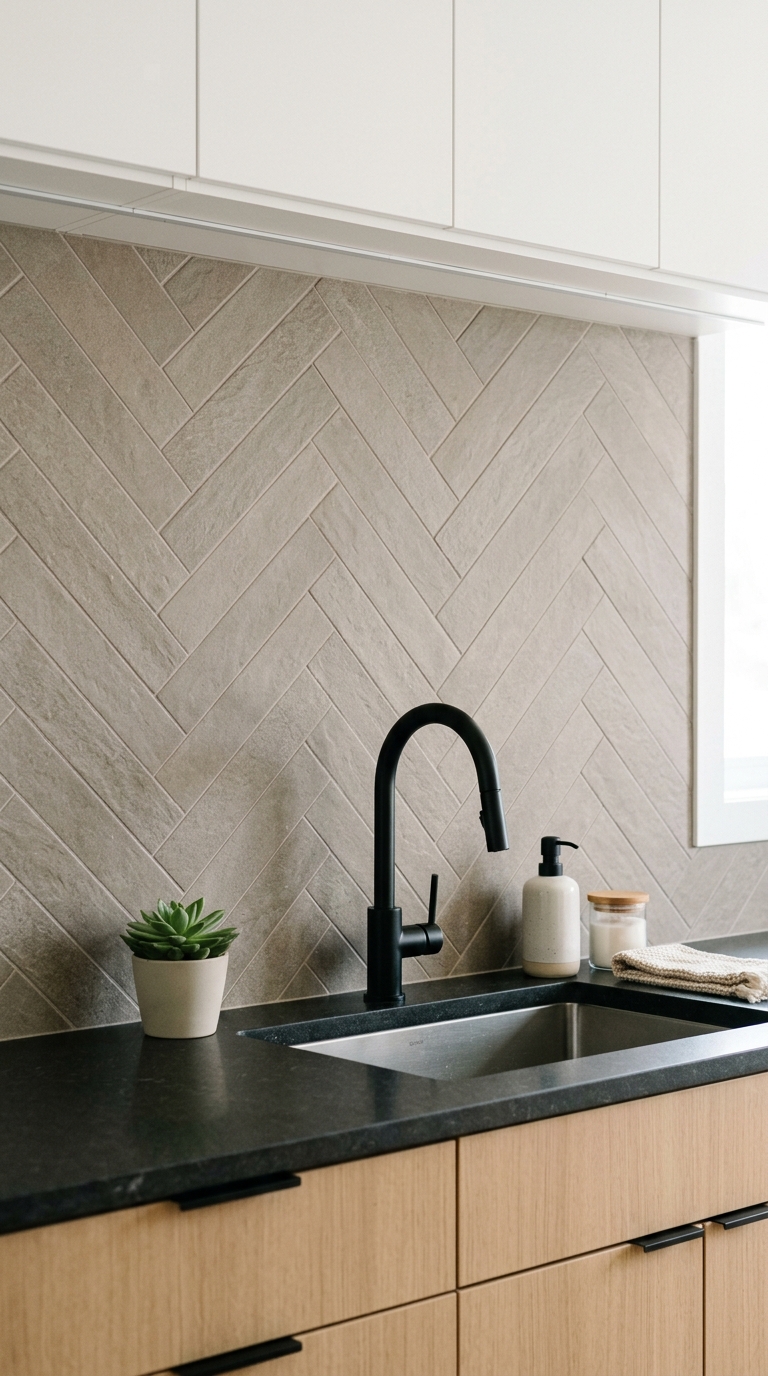 Large-format taupe herringbone backsplash in a modern kitchen