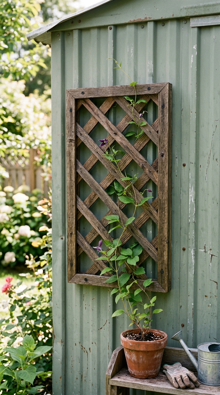 Wood lattice accent panel with climbing vine on a metal garden shed