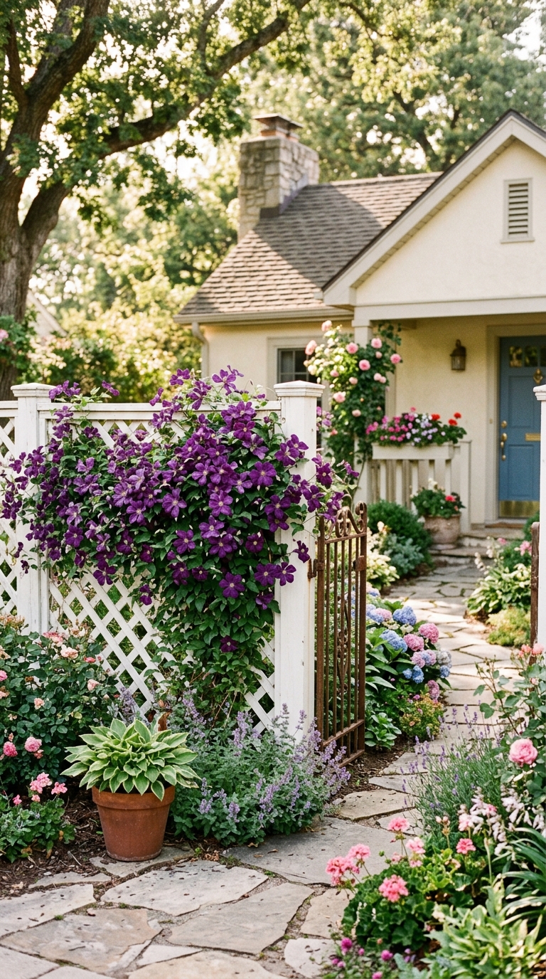 Lattice fence idea with climbing vines for front yard privacy