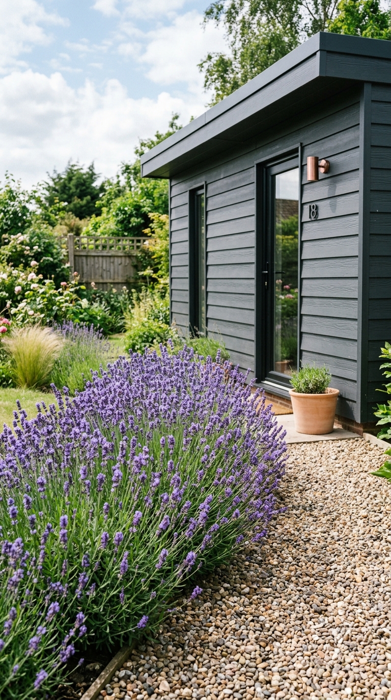 Single-species lavender row planted along a modern garden shed