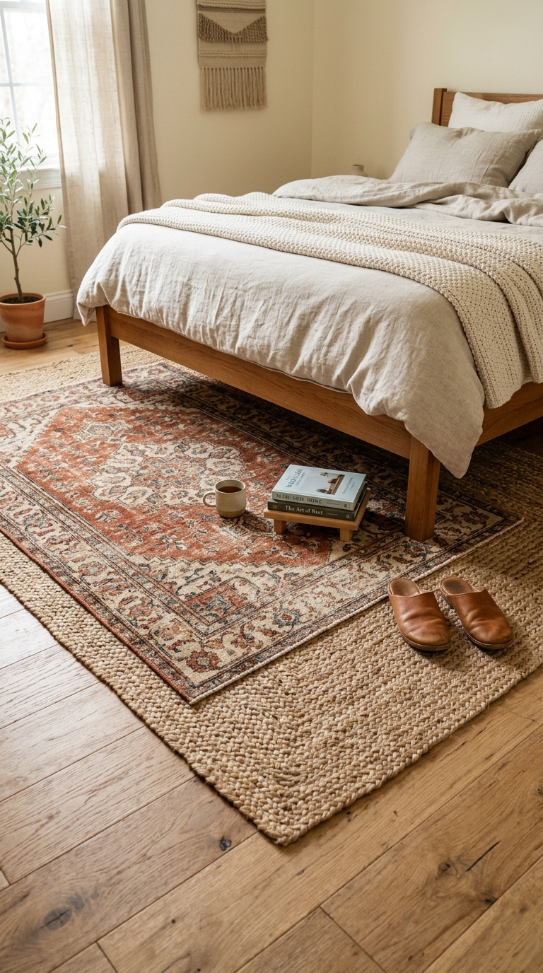Layered rust and jute area rug in a cozy fall bedroom