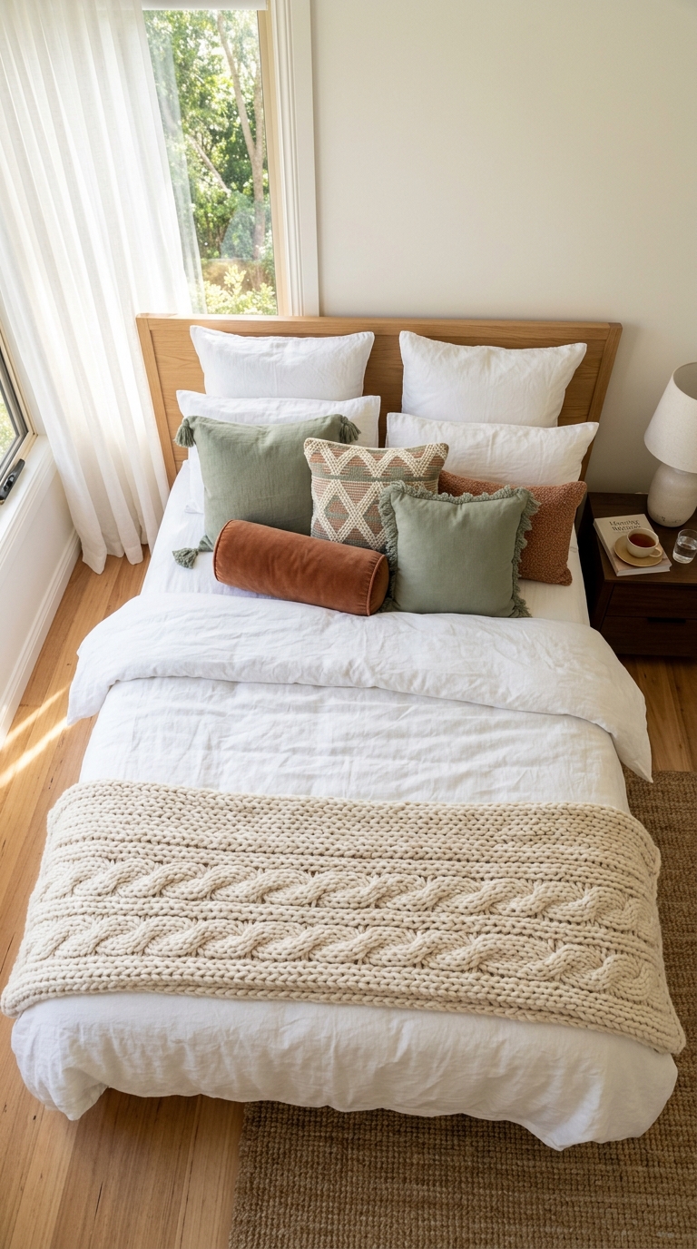 Layered neutral bedding with textured throw and cushions on a cozy couples bed