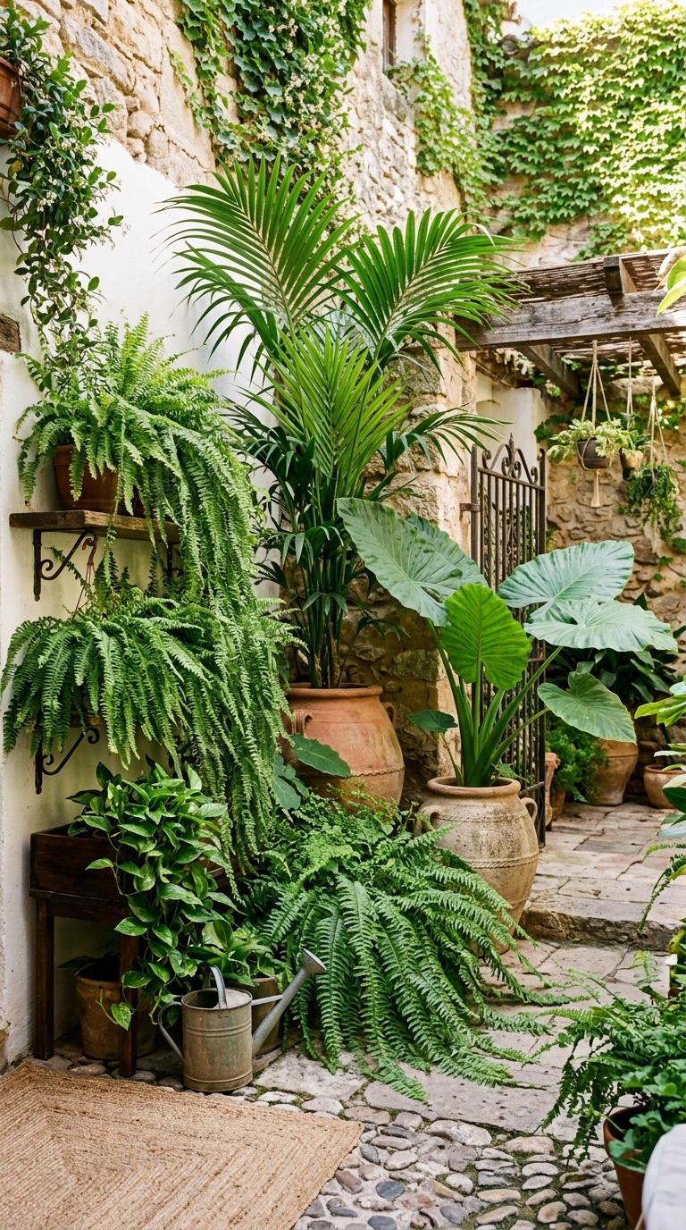 Layered container tropical garden with palm, elephant ear, and ferns in a small courtyard