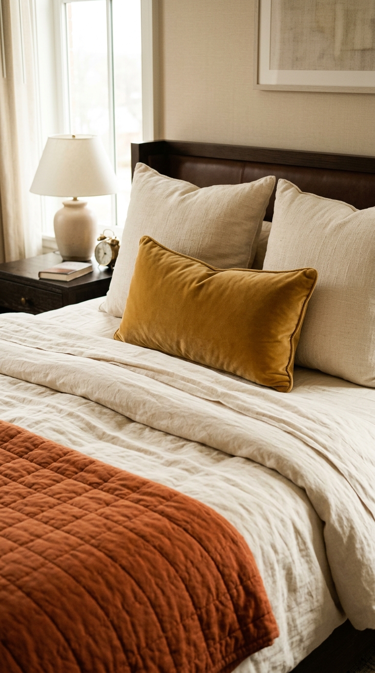 Layered fall bedding with folded rust throw and cream linen sheets