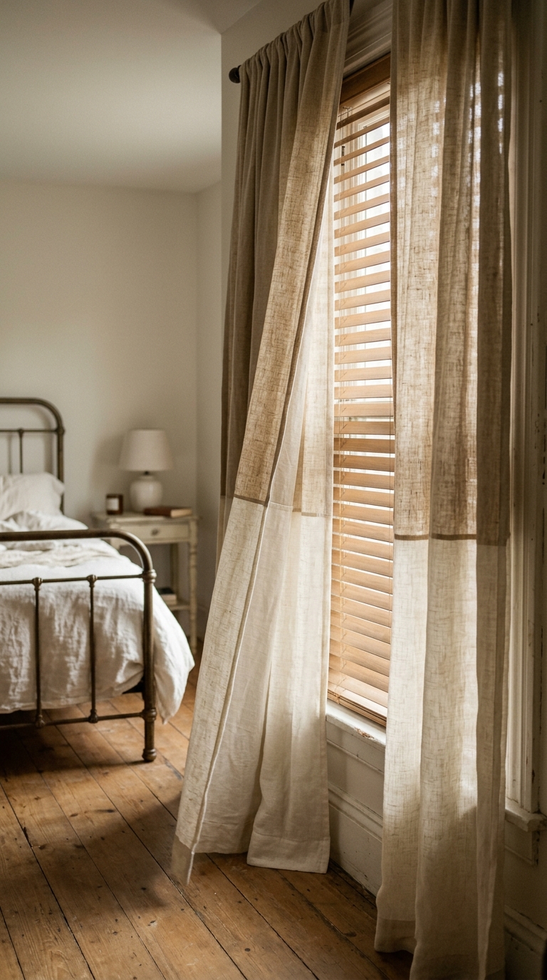 Layered linen curtains and wood blinds in a farmhouse bedroom window