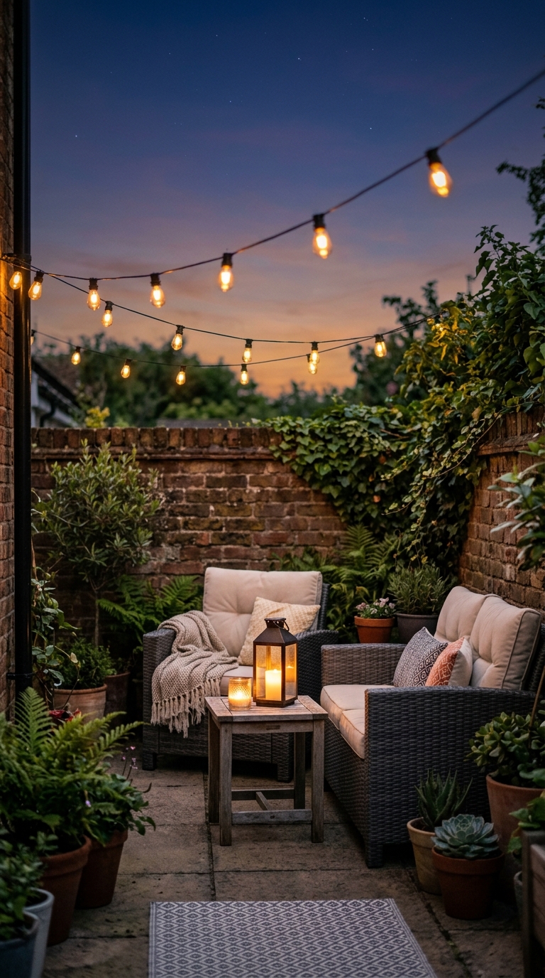 Layered outdoor lighting idea for a small patio at night