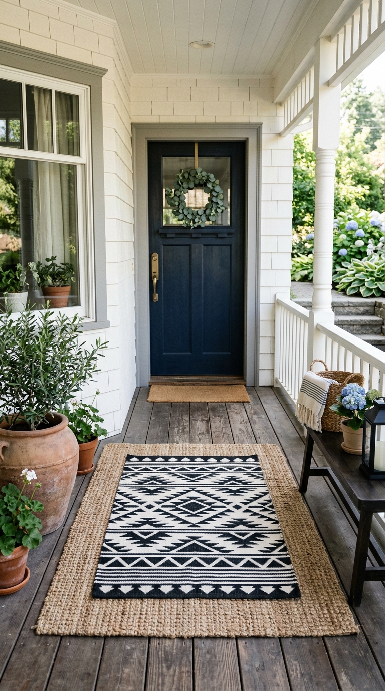 Layered outdoor rug idea for decorating a small front porch entrance