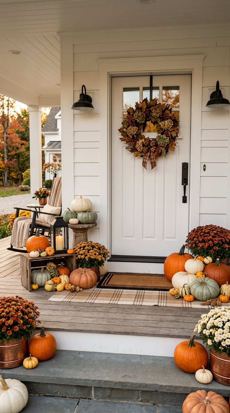 Layered pumpkin display in varying heights and colors on a modern farmhouse porch