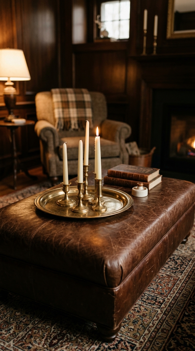 Leather ottoman coffee table styled with brass decor accents