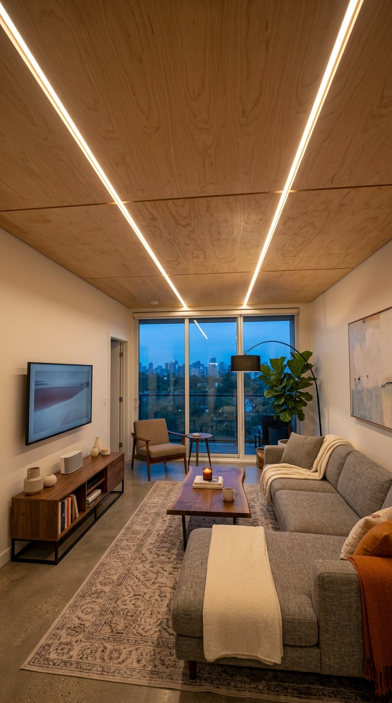 Plywood ceiling with integrated LED strip lighting along the panel seams