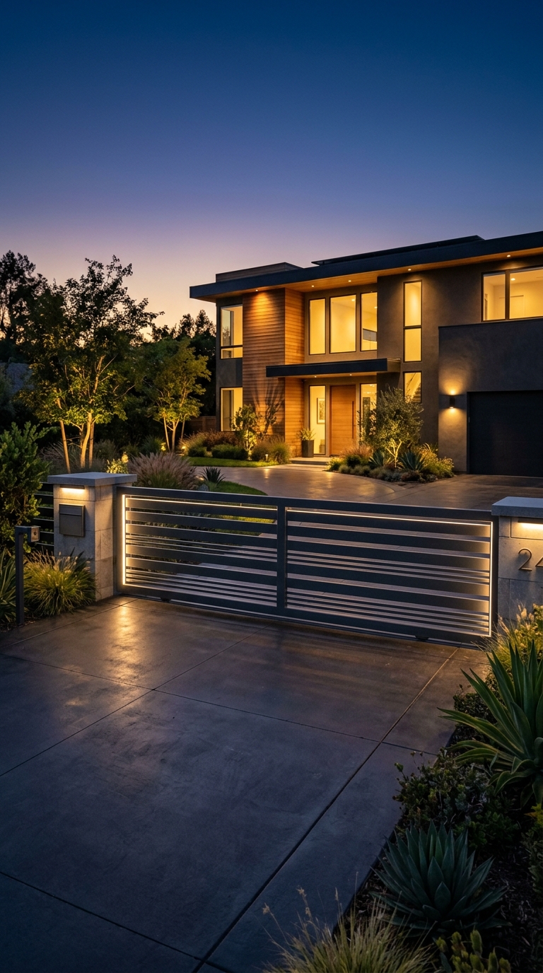Modern driveway gate with LED strip lighting at night