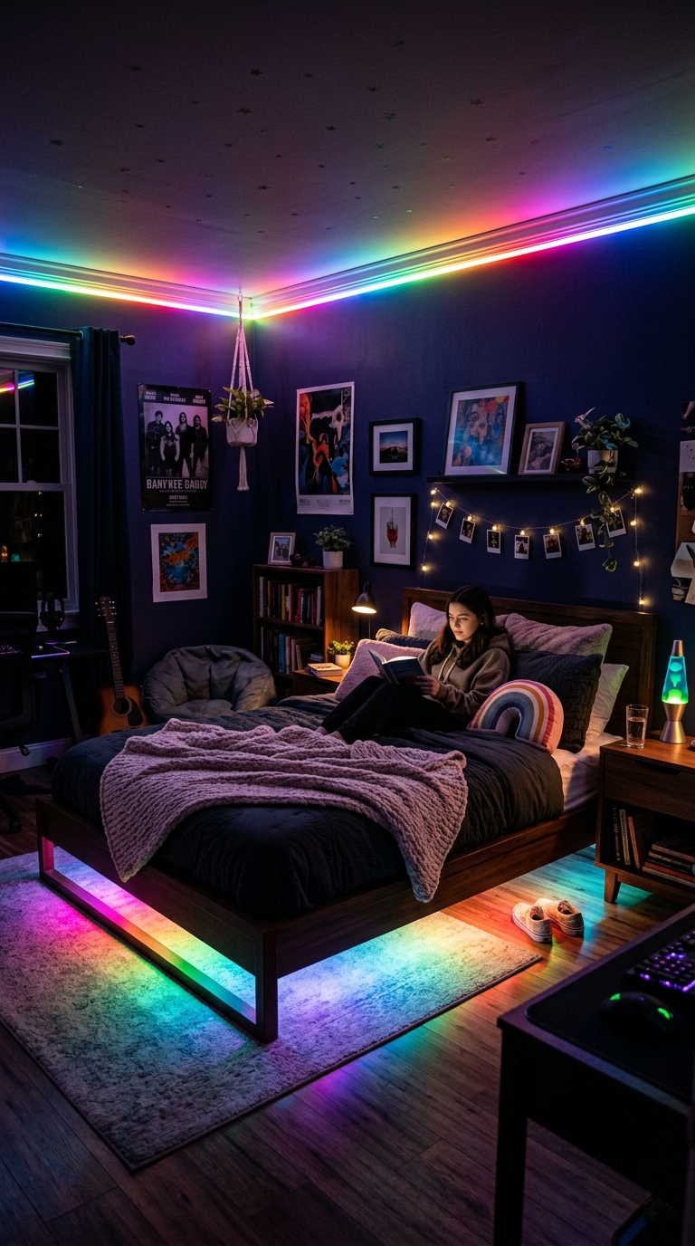 Rainbow LED light strips glowing under bed in themed kids' bedroom