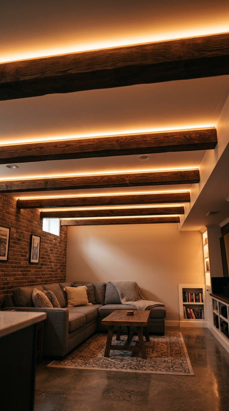 LED strip lighting along basement ceiling beams for ambient glow