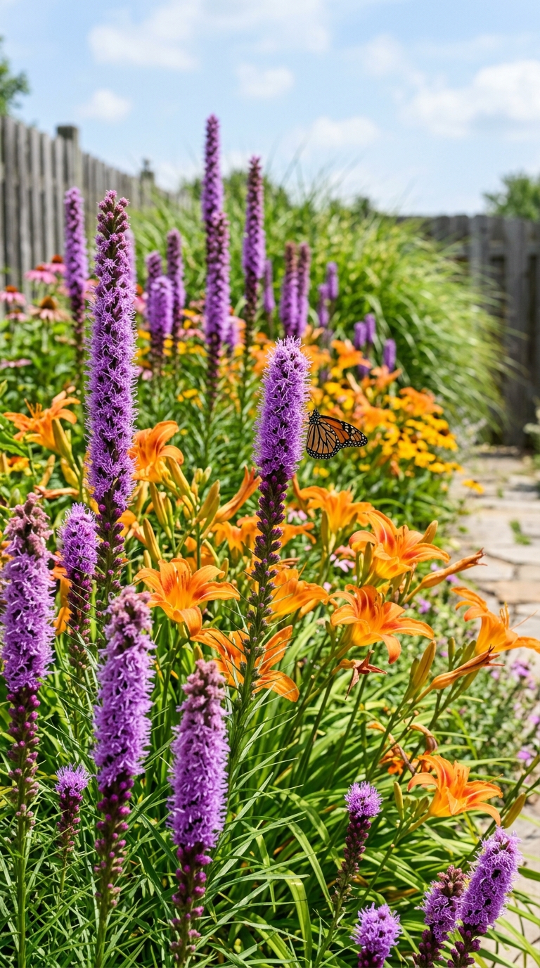 Purple liatris planted as a tall pollinator companion to daylilies