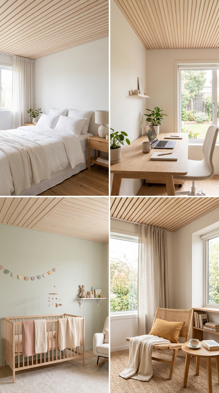 Scandinavian-style bedroom with a pale birch wood slat ceiling and soft natural lighting.