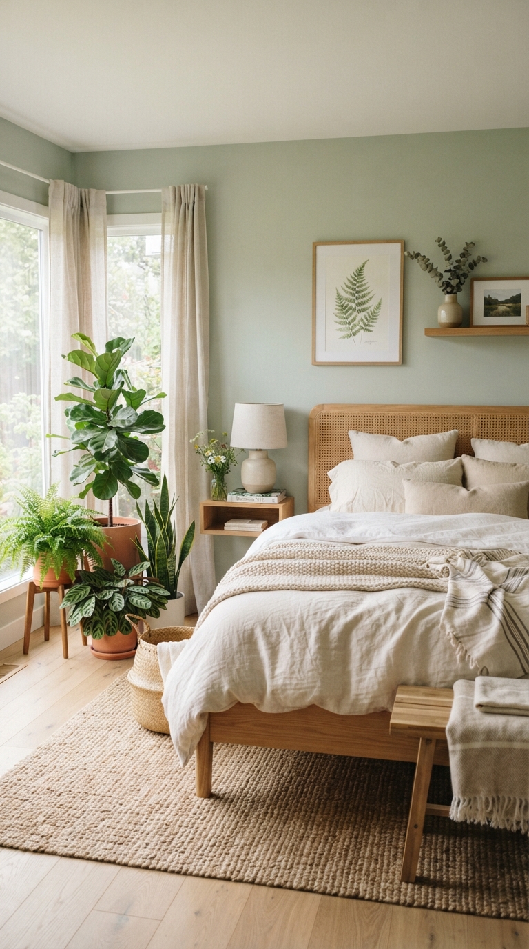 Light sage green bedroom walls bringing a natural, tranquil feel