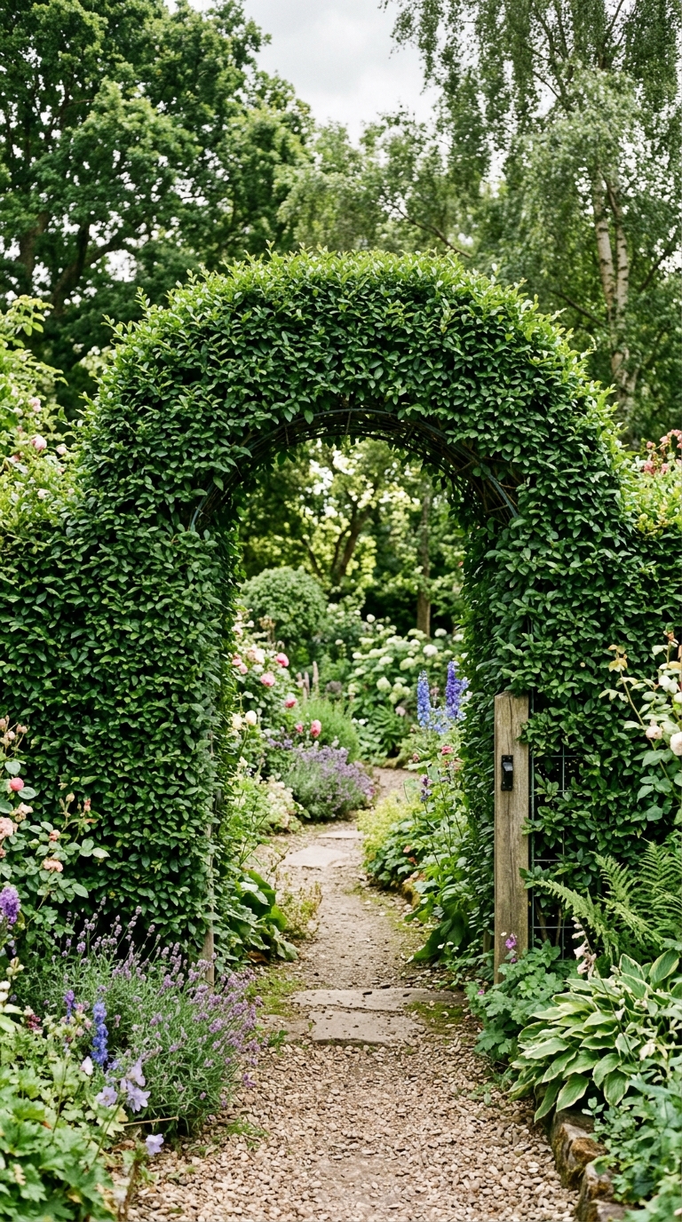 Living hedge garden gate idea with a trained arched opening