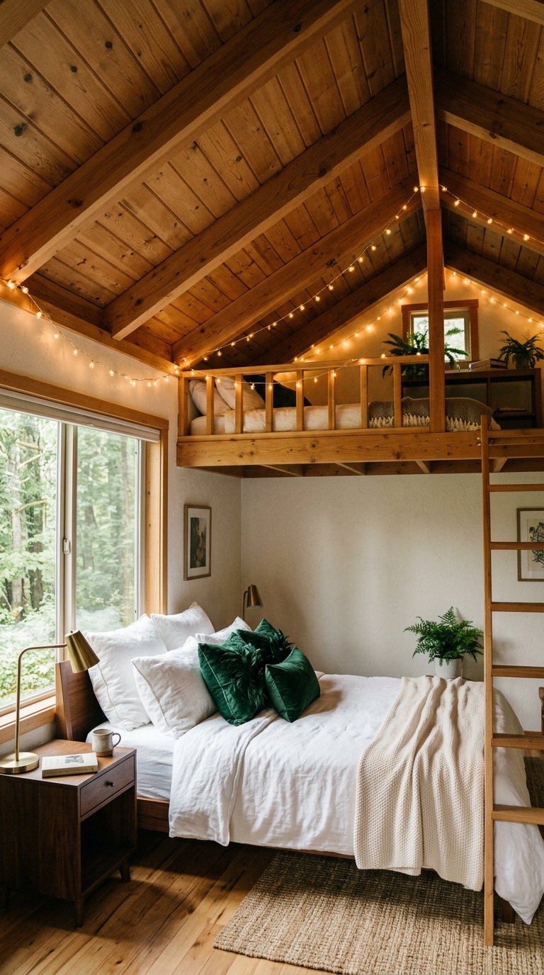 Vaulted ceiling bedroom with a small wood mezzanine loft styled with warm string lights