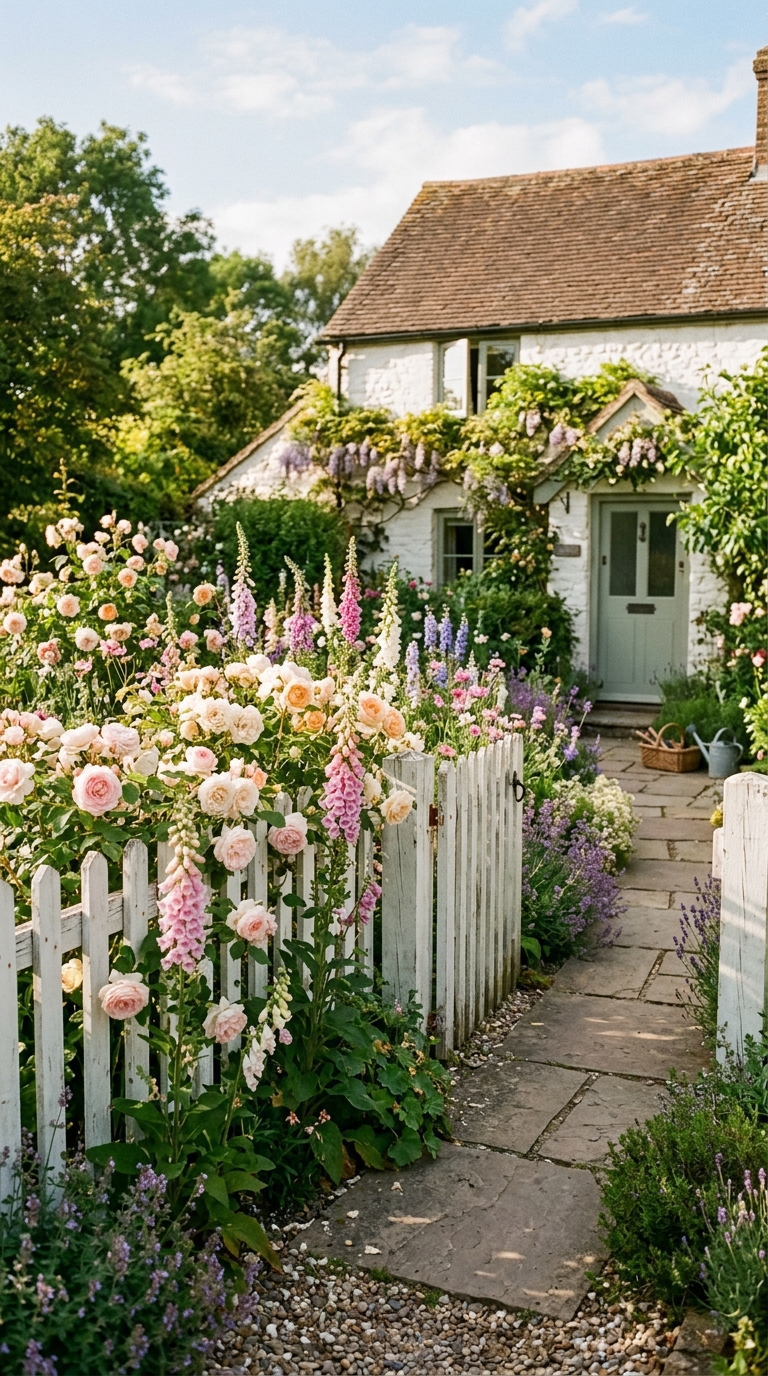 Low front yard fence idea with layered flower border