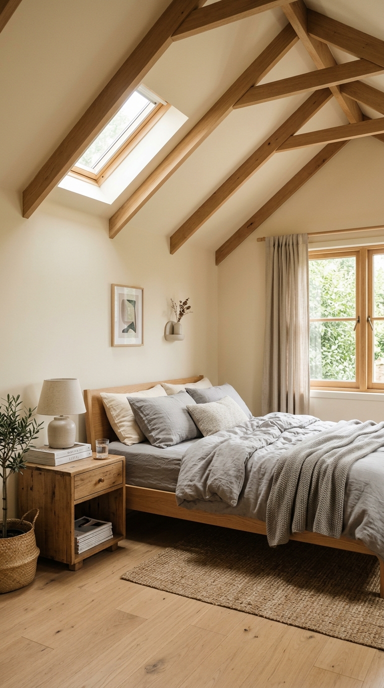 ow-slope vaulted bedroom ceiling in warm cream with a light oak low-profile bed frame