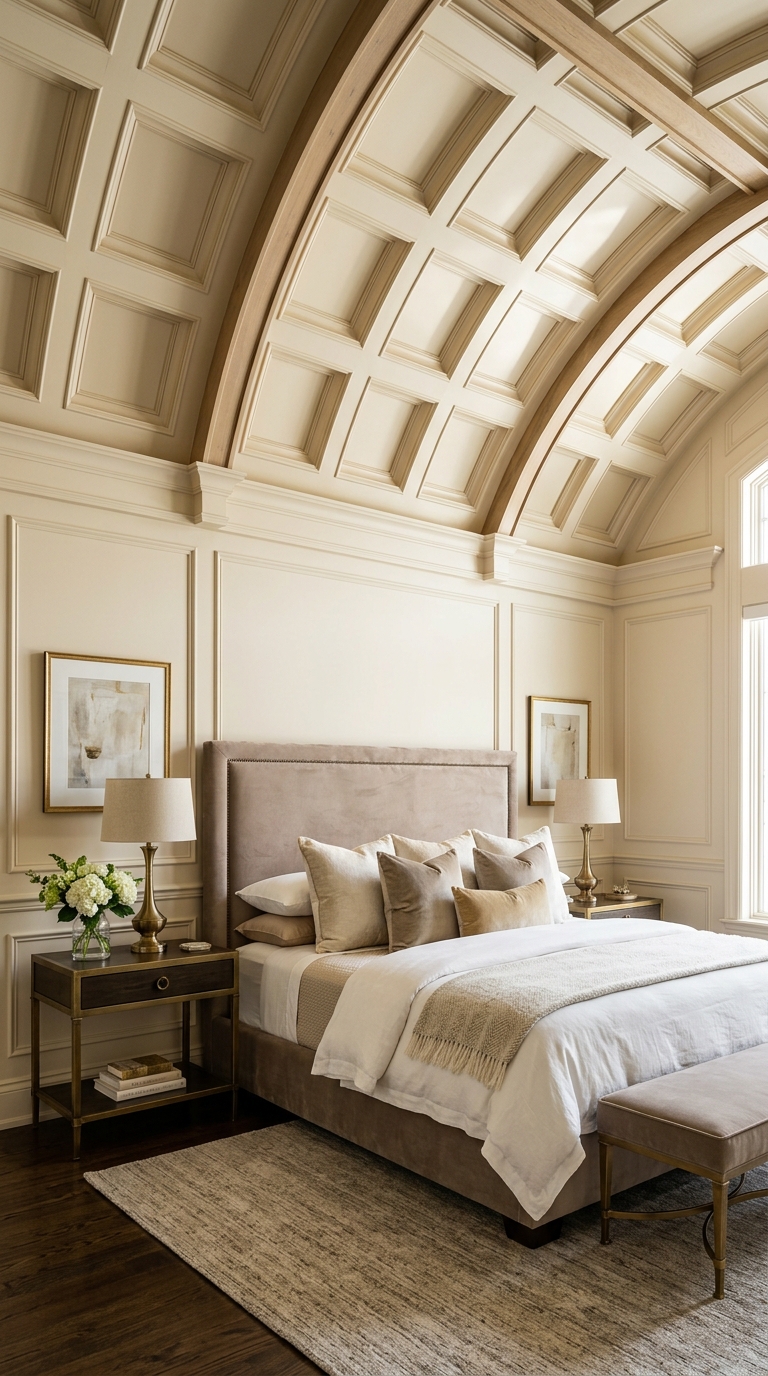 Luxury coffered vaulted bedroom ceiling in warm cream with soft taupe and antique brass accents