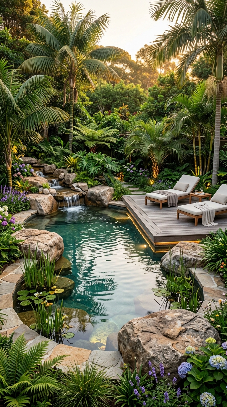 Luxury natural swimming pool with stone landscaping and lush greenery