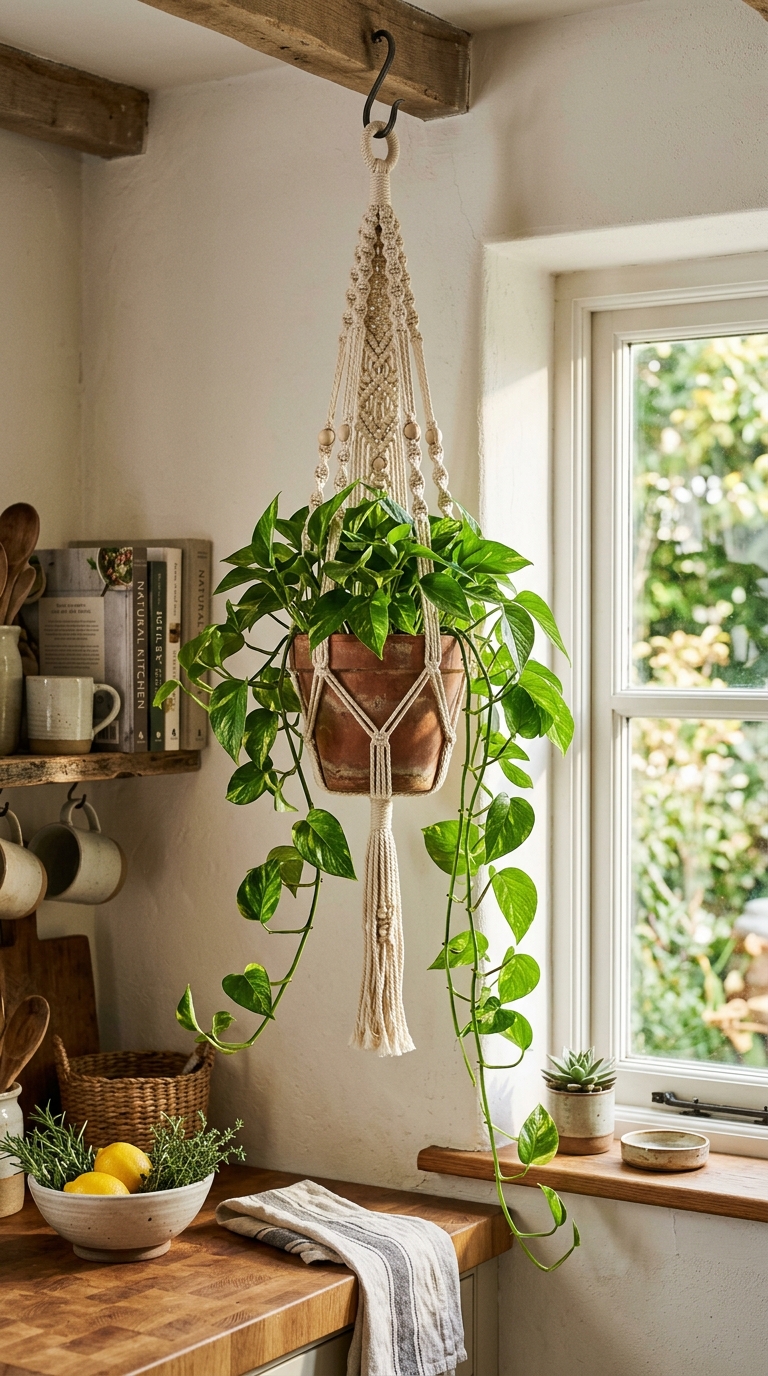 Money plant in a macrame hanging planter styled in a kitchen corner