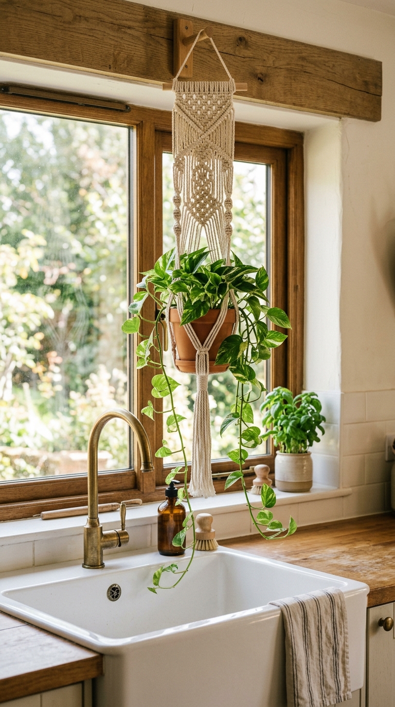 Macramé hanging planter with pothos above a kitchen sink