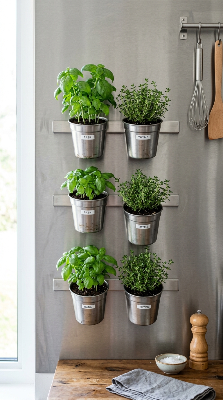 Herb pots mounted on a magnetic wall rail in a kitchen