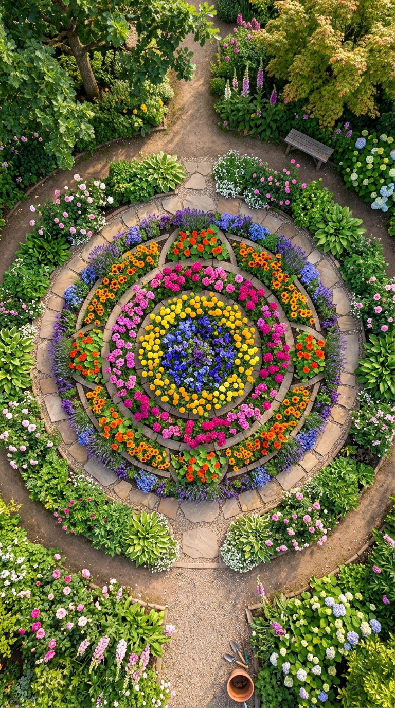 Mandala-inspired garden bed layout idea for a hippie garden